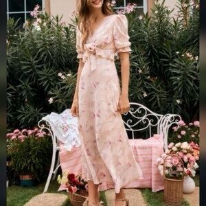 Lair Collection Feminine Elegant Pink Floral Midi Dress Medium